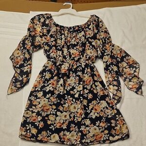 Vibe Navy Long Sleeve Chiffon A-Line Dress Floral Print Petites Polyester Size L